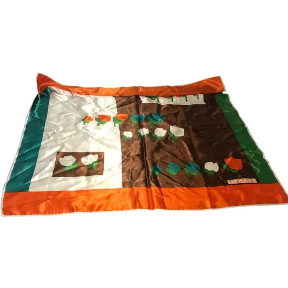 St Germain Silk Scarf  Floral Print Tulips Brown Orange Green White Square 28" - Picture 2 of 8